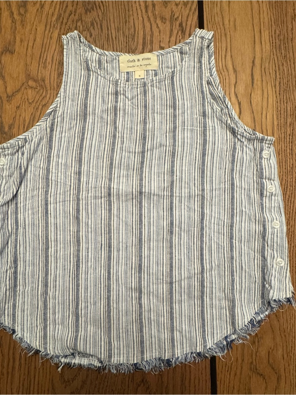 cloth & stone Blue Striped Sleeveless Tank‎ Top Linen blend Fringe Crop button S